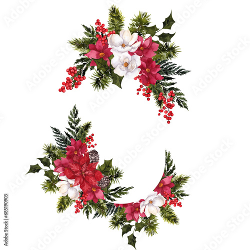 Watercolor Christmas frame with colored flowers, brunch of pine tree, cones, berry, bow, ornaments, isolated on transparent background, PNG files. Merry Christmas and happy New Year.