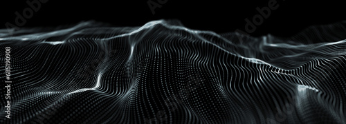 Abstract landscape. Technology background. Perspective grid. Connection dots and lines. 3D rendering