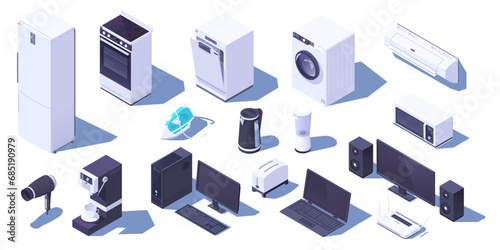 Set of home electric device. Cartoon design. Collection of fridge, oven, dishwasher, washing machine, air conditioner, desktop, laptop, television. White background. Isometric vector illustration