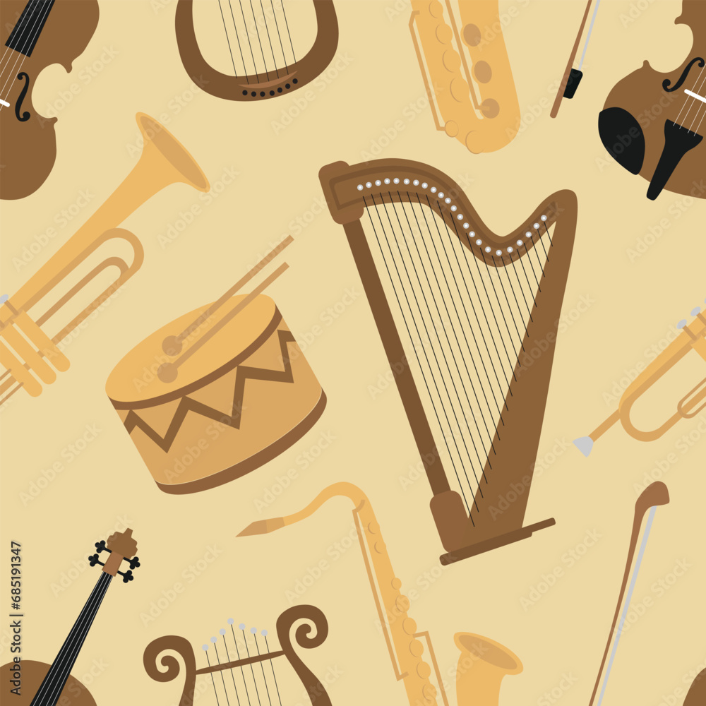 Seamless pattern with classic musical instruments. Background with harp, lyre, drum, saxophone, violin