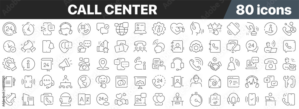 Call center line icons collection. Big UI icon set in a flat design. Thin outline icons pack. Vector illustration EPS10
