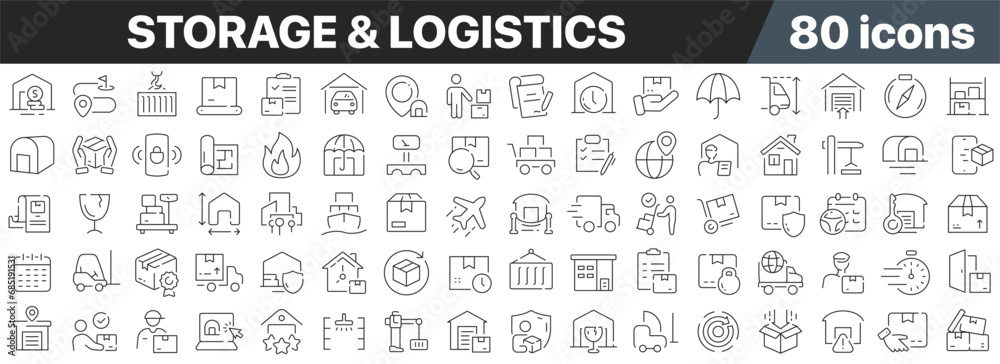 Storage and logistics line icons collection. Big UI icon set in a flat design. Thin outline icons pack. Vector illustration EPS10 - obrazy, fototapety, plakaty 
