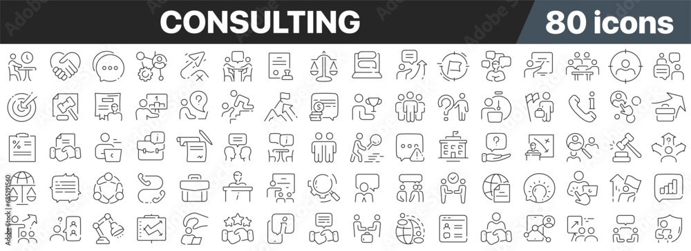 Consulting line icons collection. Big UI icon set in a flat design. Thin outline icons pack. Vector illustration EPS10 - obrazy, fototapety, plakaty 