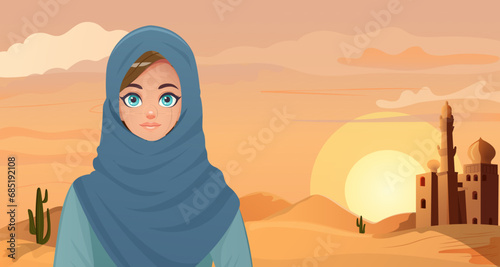Cartoon young saudian woman portrait in traditional hijab wear standing at sahara desert panoramic view, outdoor scenic landscape, arabic sand dune. Holiday resort. Vector illustration photo