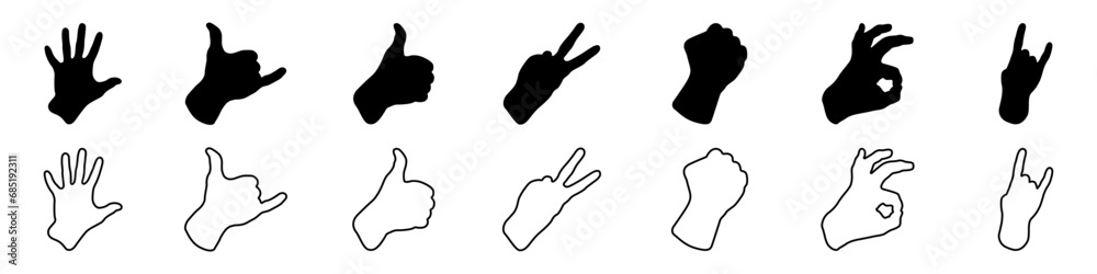 Hand signs vector set. Set of hand contours. Signs of peace, super ...