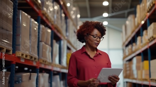 Portrait of a middle aged female accountant in warehouse. Businesswoman standing in her fabric warehouse and working with papers in clipboard.