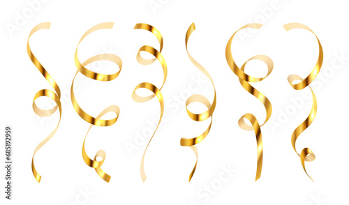Golden serpentine festive ribbon collection. Celebration decoration, designed confetti, creative spiral gift cover. Abstract element isolated on white background. Vector illustration