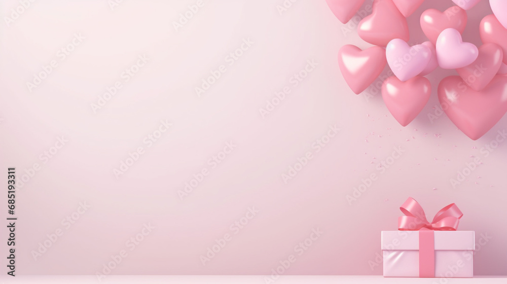 Valentine's Day hearts, balloons, gift box bokeh background banner, copy paste for texture