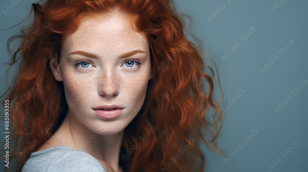 redhead red hair girl with blue eyes on blue background, Beauty and skin care. Highly-detailed portrait of attractive redhead teenage girl redhead red hair girl with blue eyes on blue background, Beauty and skin care. Highly-detailed portrait of attractive redhead teenage girl