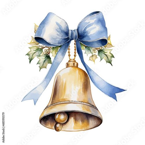 Vector watercolor illustration christmas bells isolated，blue ribbon with christmas bells