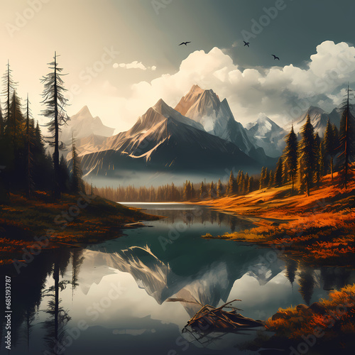 a serene mountain lake with a reflection of the surrounding peaks