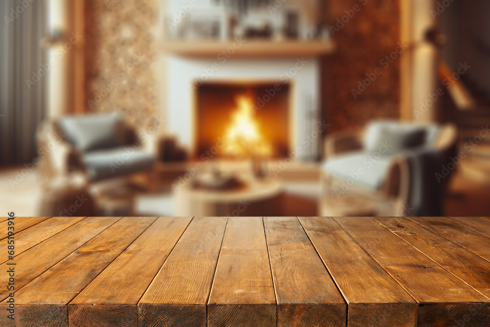 Wooden board with pedestal and free space for your decoration. Home interior and fireplace. Magic christmas time. Warm light. Empty space for your decoration. 