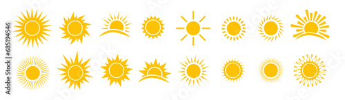 Sun icon set. Yellow sun star icons collection. Vector