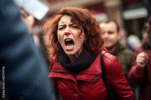 Young woman on shouting in front of a crowd. Women's day concept. Generative AI