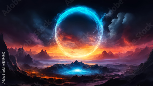 A cosmic landscape with a neon circle and smoke. Multicolored paints. Dark background. Fantasy. AI © IM_VISUAL_ARTIST