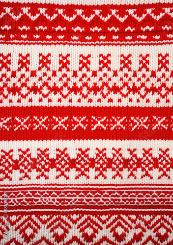 Close up on knit woolen texture. Winter snowflakes shapes pattern background.