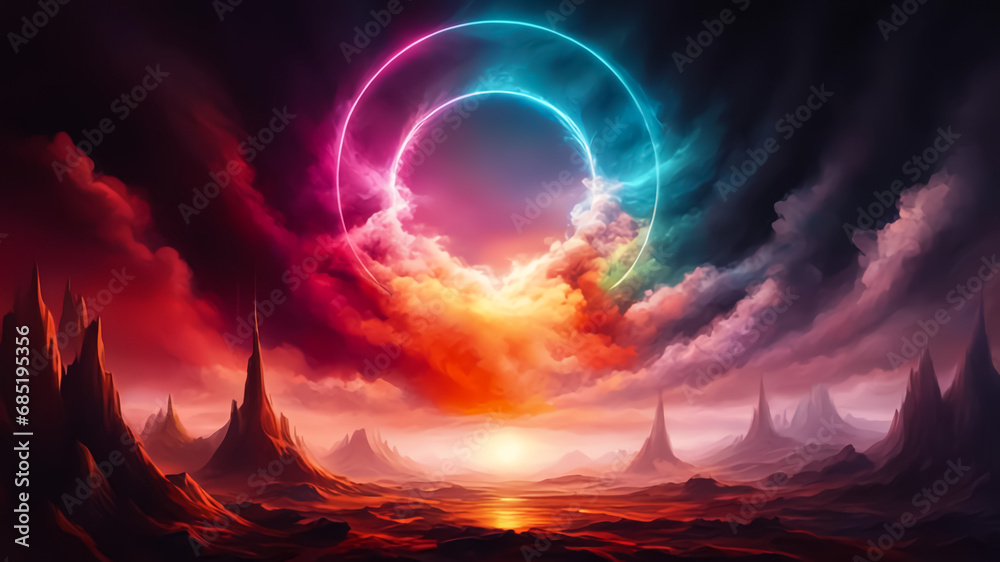 Fototapeta premium A cosmic landscape with a neon circle and smoke. Multicolored paints. Dark background. Fantasy. AI