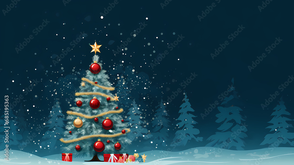 Snowy scene with a decorated Christmas tree and falling snow Snowy scene with a decorated Christmas tree and falling snow