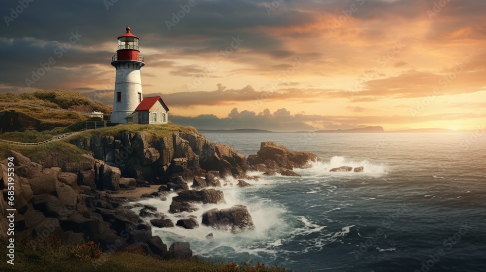 A house background featuring a historic lighthouse on a rocky coastal cliff, complete with a classic lantern room and a breathtaking seascape, offering an iconic and maritime landmark