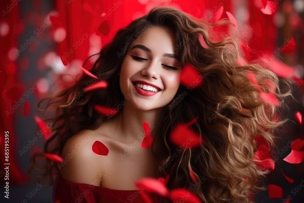 A beautiful young brunette girl with long hair in red dress smiles and enjoys the flying confetti. Concept for Valentine's Day, birthday, party, New Year and Christmas A beautiful young brunette girl with long hair in red dress smiles and enjoys the flying confetti. Concept for Valentine's Day, birthday, party, New Year and Christmas