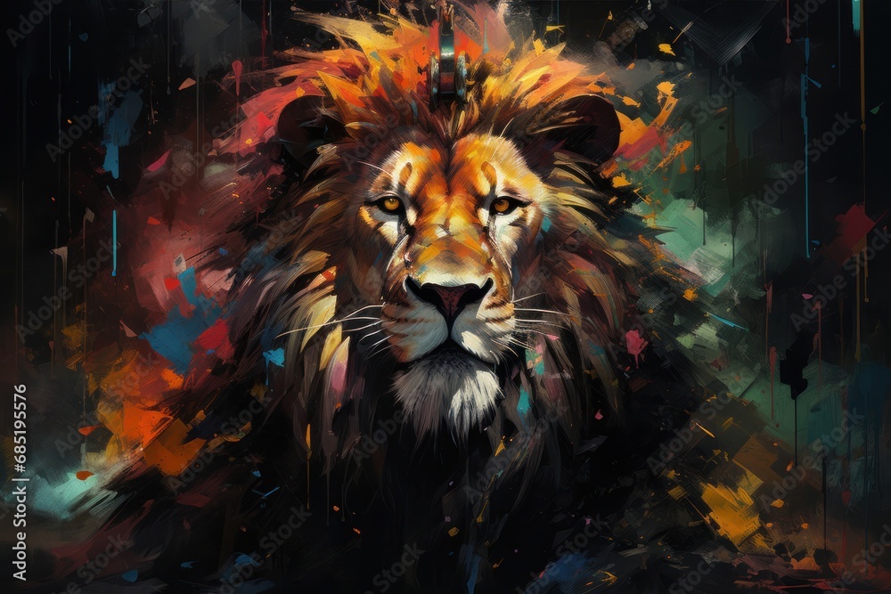 Majestic Painting of a Lion on a Black Background Generative AI