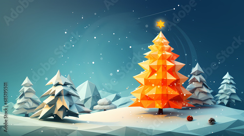 Geometric christmas trees on a snowy night with a radiant star, lowpoly low poly