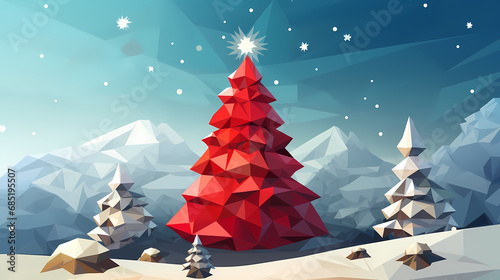Geometric christmas trees on a snowy night with a radiant star, lowpoly low poly