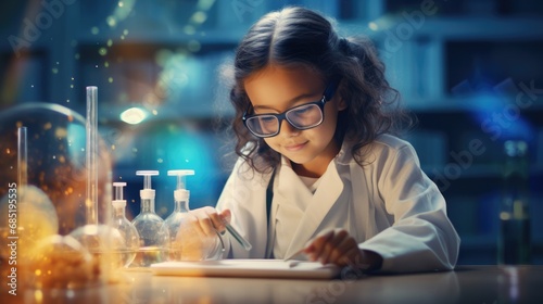 Little cute girl in microscope laboratory experiment scientists at school. Education science concept.