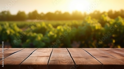 Empty wooden table front view and vineyard bokeh background in the rays of the setting sun. Natural background, layout for advertising wine, grapes. Vineyard landscape