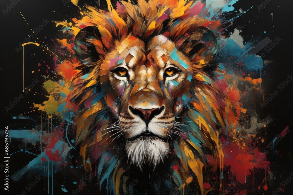 Lion Painting on a Black Background Generative AI Lion Painting on a Black Background Generative AI