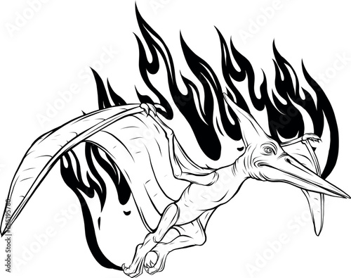 Vector black hand drawn outline flying pterodactyl dinosaur