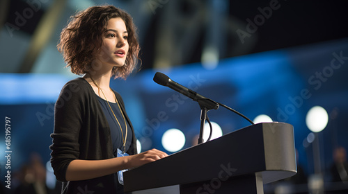 girl speaking in a conference public speaking, 