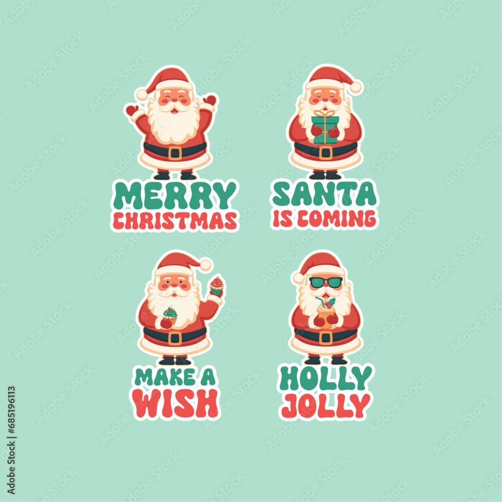Funny Santa Claus Christmas badges, stickers set. With quotes. Merry Christmas, Santa is coming, make a wish, holly jolly Funny Santa Claus Christmas badges, stickers set. With quotes. Merry Christmas, Santa is coming, make a wish, holly jolly