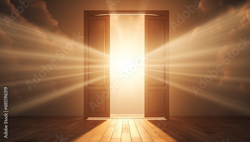 Open doors with bright light emanating from the doorway photo