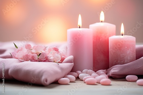 Two pink candles in the foreground with lit wicks  surrounded by pink stones  against a backdrop of pink fabric and soft light.