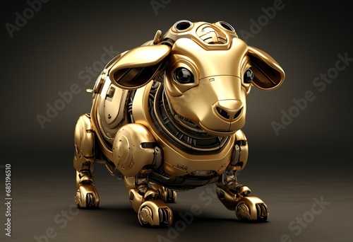 A golden robotic sheep against a dark background, showcasing high-tech design and futuristic style.