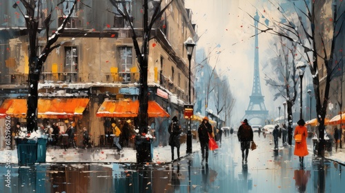 Painting of winter in paris detail close showing the texture of thick oil paint strokes on the rustic canvas, vibrant colors