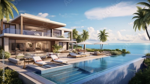 A realistic digital rendering of a luxurious beachfront villa with panoramic ocean views, a private pool, and open-air living spaces, creating a coastal and opulent vacation home © rojar deved