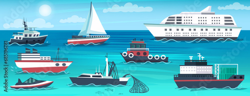 Ship set, marine transport. Collection of sailboat, cargo, yacht, fishing boat, cruise liner, speedboat. Shipping vessel, nautical voyage and resort. Vector illustration