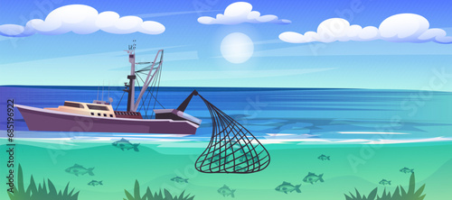 Fishing boat catching fish with net. Ocean water, scenic maritime seascape, seafood industry, commercial nautical vessel, fishery production. Vector illustration