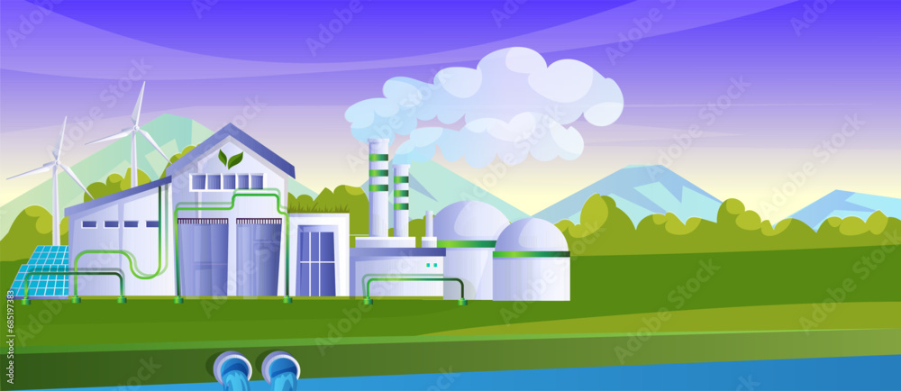 Eco factory with windmill, solar panel electricity production. Environment protection, clean ecology, renewable resource concept. Cartoon design. Scenic landscape. Vector illustration