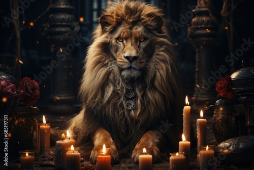 Lion Surrounded by Candles in a Dark Room Generative AI