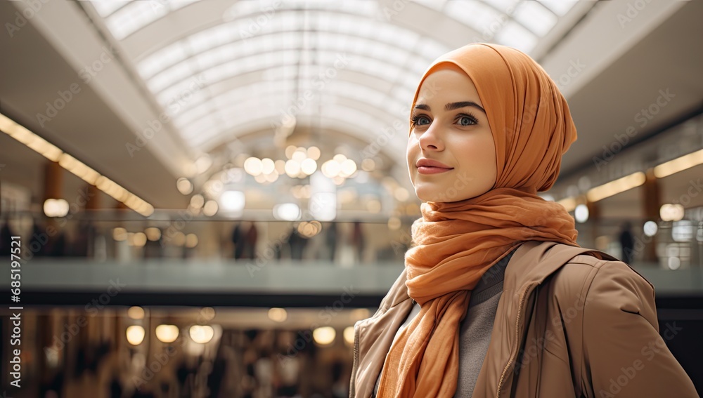 young muslim girl standing in a shopping mall