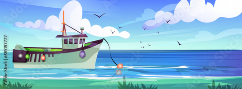Fishing boat catching fish with net. Ocean water, scenic maritime seascape, seafood industry, commercial nautical vessel, fishery production. Vector illustration