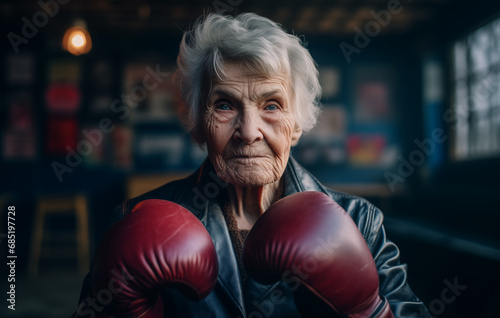 Grandmother boxer in boxing gloves on boxing ring. Old beautiful Grandma in clothes in boxing gloves in fight. Tough old granny wearing boxing gloves. Angry granny boxer in boxing. Grandmother fighter © MaxSafaniuk