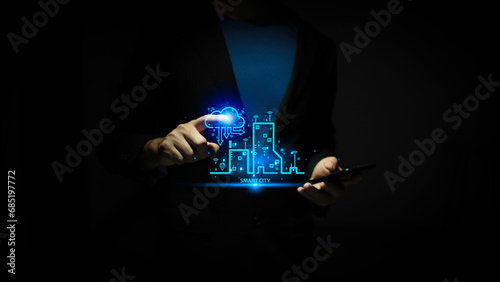 Businessman touch cloud computing icon network. Cloud technology, Cloud data transfer and online data storage for business network