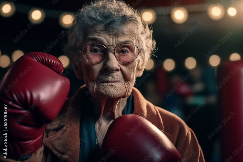 Old Woman in boxing gloves in fight. Grandmother boxer in boxing gloves on boxing ring. Oldness granny in boxing gloves. Angry granny Active pensioner goes in for sport. Grandmother fighter training