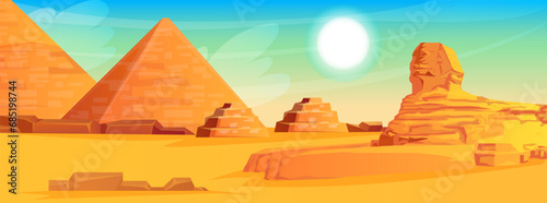 Picturesque landscape with Egyptian pyramids with sphinx. Scenic panoramic view on African world wonder. Sahara desert tourist attraction  ancient giza  cheops landmarks. Vector illustration