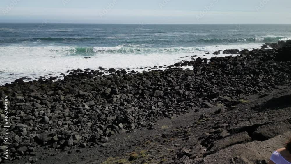 Girl doing yoga on a rock near the ocean, view from a drone in Iceland Girl doing yoga on a rock near the ocean, view from a drone in Iceland
