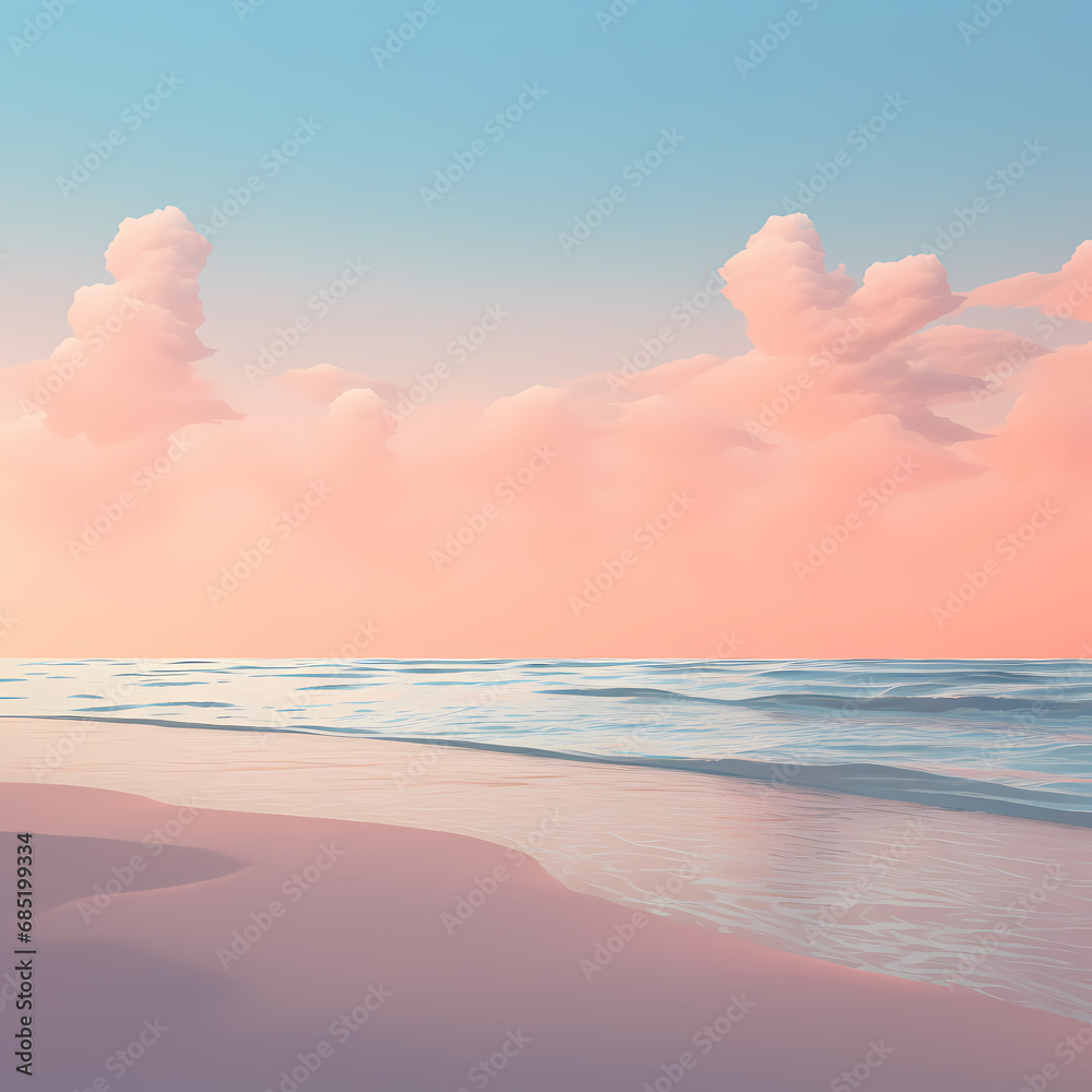 a minimalist beach at dawn with soft pastel hues